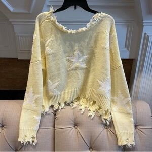 BA: Storia Sweater Women's Small Light Yellow Star Frayed Sharkbite Sweater